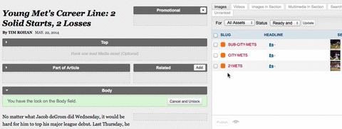 An editor inserts multimedia into a news article on a Mets game