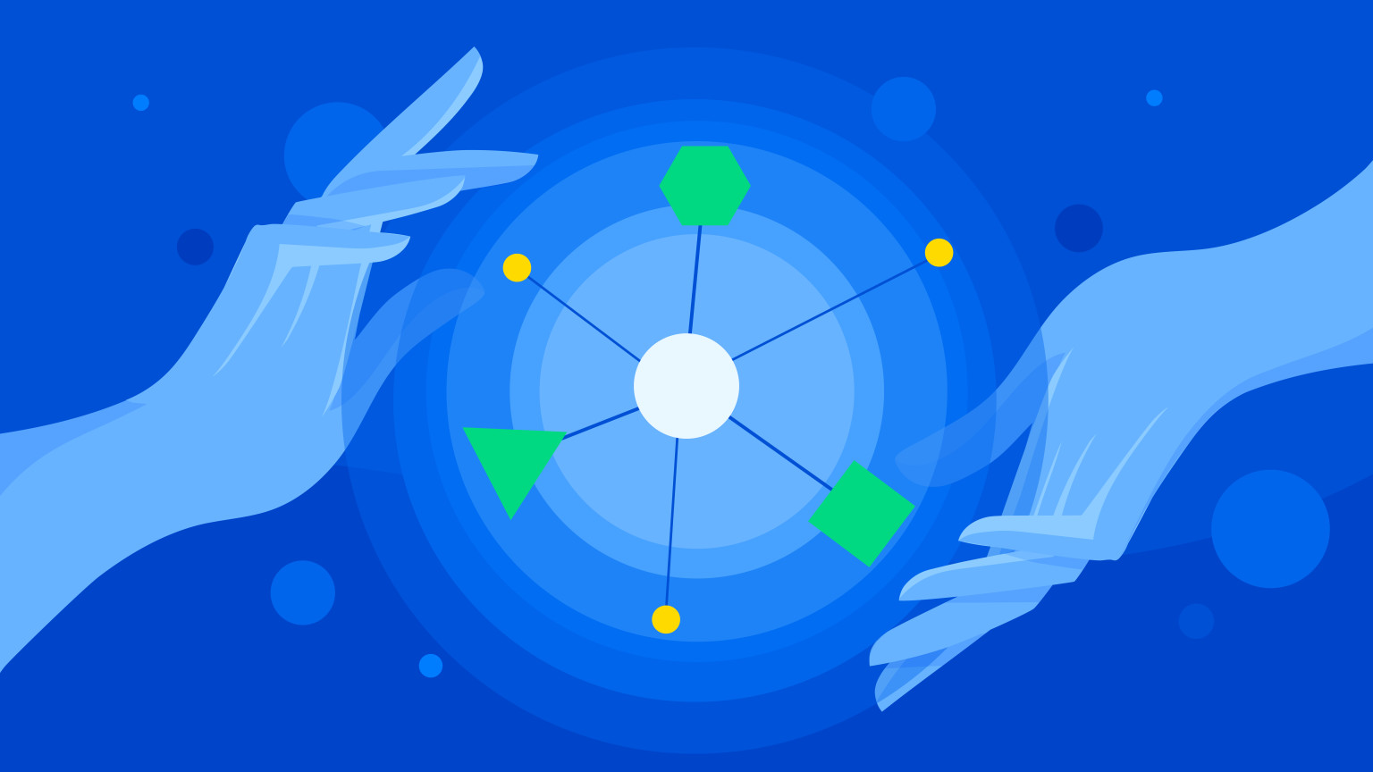 Illustration of two hands holding a molecular content model, building something, symbolizing the builder ethos