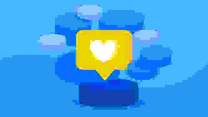 Illustration of a yellow heart icon against abstract shapes