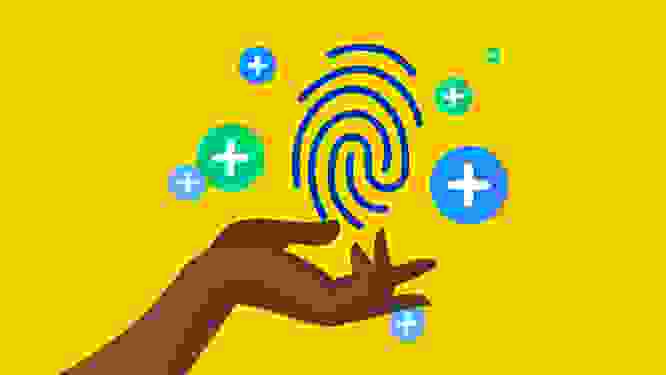 Illustrated graphic of a hand holding a fingerprint, representing a personalization strategy for lead generation