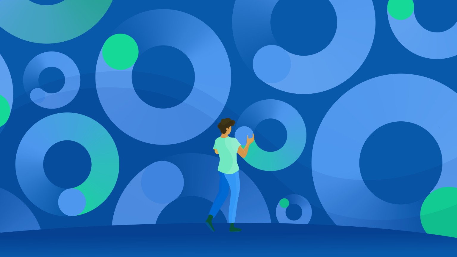 An illustrated image of a person surrounded by abstract circular patterns, representing years of digital transformation