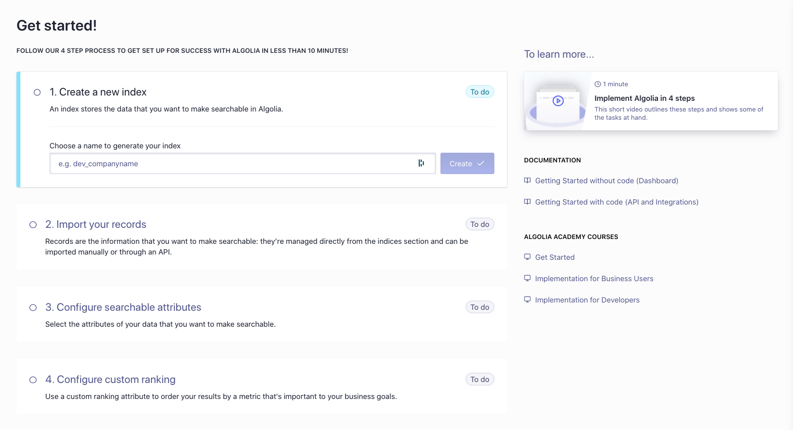 screenshot of the get started part of the algolia signup process 