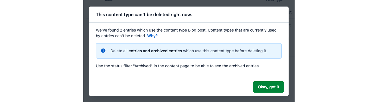 Content modelling basics delete content type warning