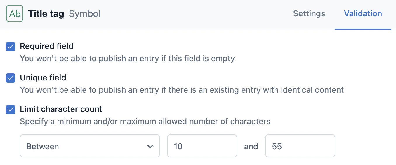 Screenshot of Setting guardrails in Contentful SEO fields