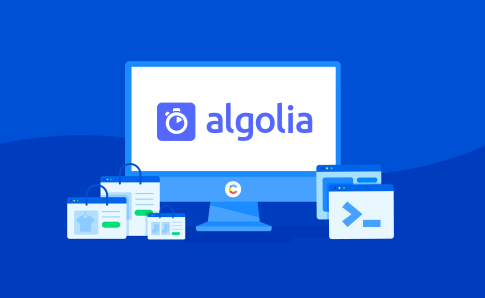 Monitor with Algolia logo and additional angle bracket code icon with content icons