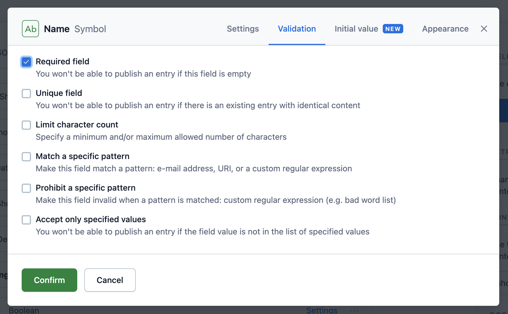 Naming required fields in contentful