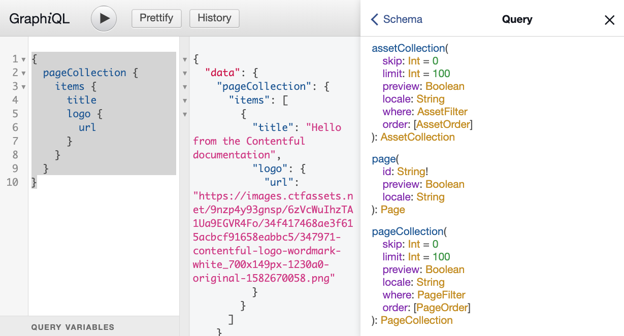 GraphiQL interface showing fields for a single and collection page field