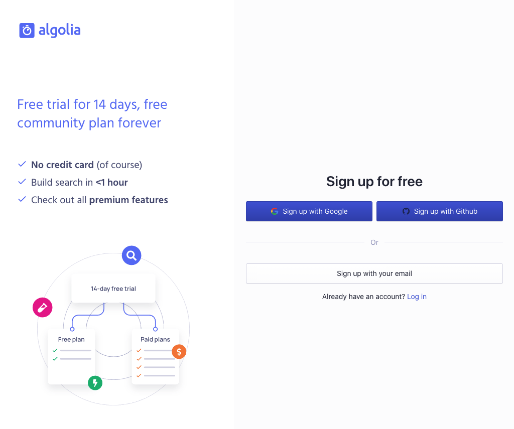 Screenshot of algolia signup process