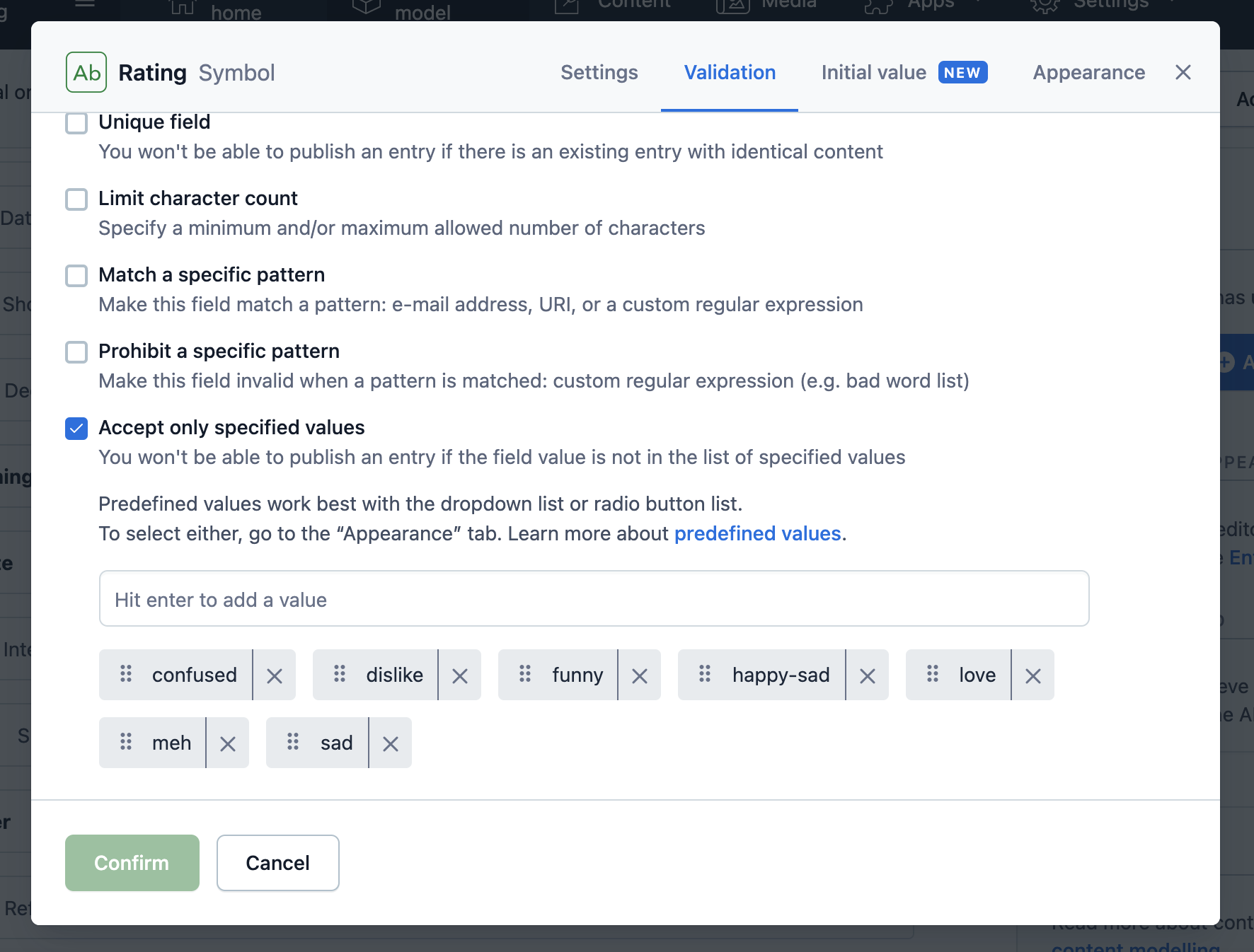 Specified values rating in contentful