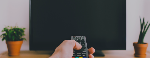 Person holding a remote control in front of a TV