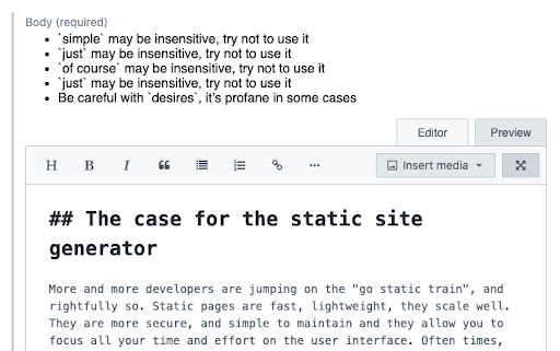 With these changes you defined a local state dealing with an array of warnings, attached an event listener to react to value changes and analyze it, rendered a list of potential text issues
