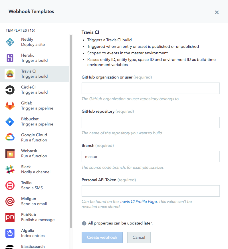 travis CI webhook template